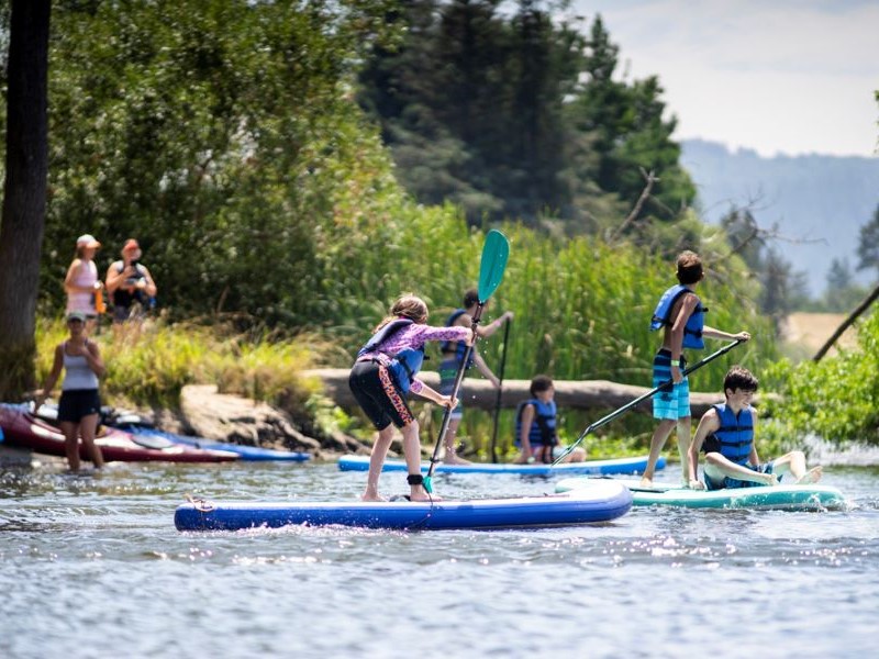 Kids paddle on a lake in the summertime