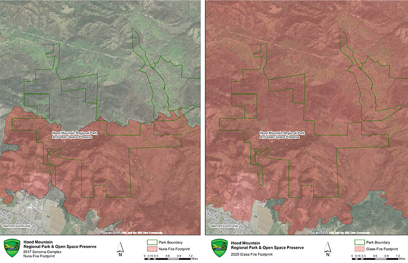 Map of burned areas of Hood Mountain Regional Park and Open Space Preserve - Nuns FIre and Glass Fire