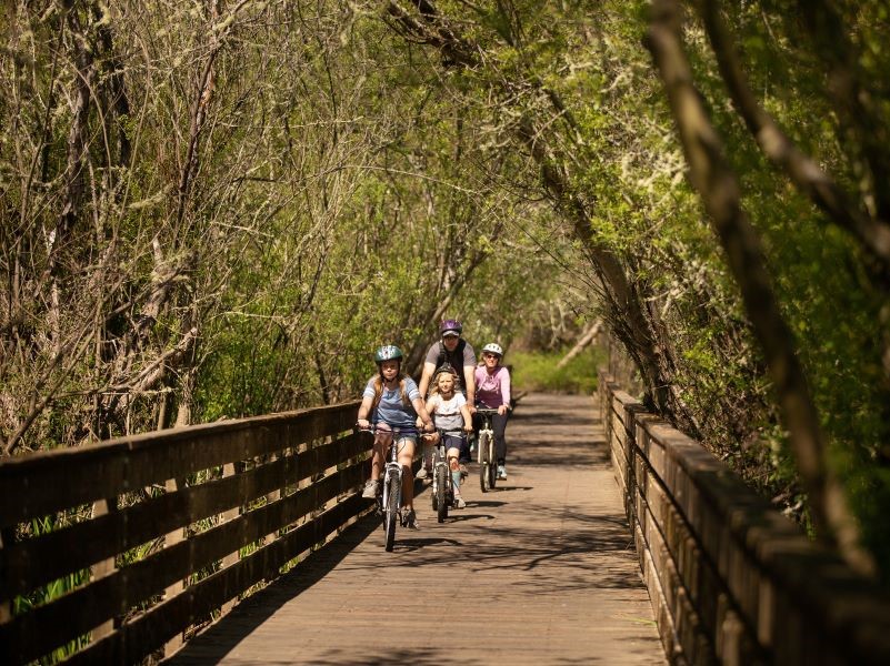a family riding their bike across a wooden bridge on west country trail
