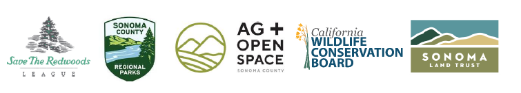 Logos: Save the Redwoods League, Sonoma County Regional Parks, Sonoma County Ag + Open Space, CA Wildlife Conservation Board, Sonoma Land Trust.