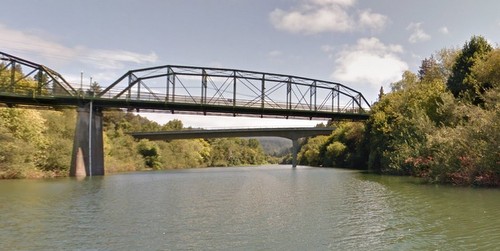 Guerneville River Park view of bridge from kayak