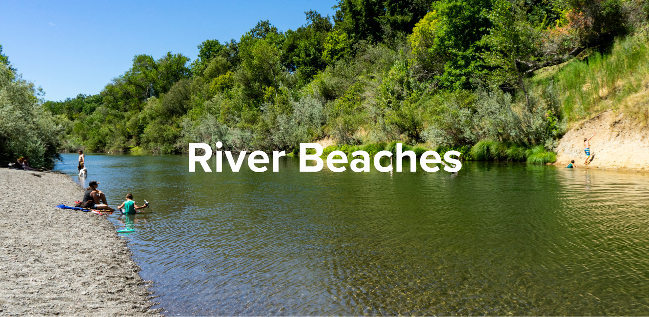 Photo of a couple people hanging out on the russian river with text over it that reads "russian river beaches"