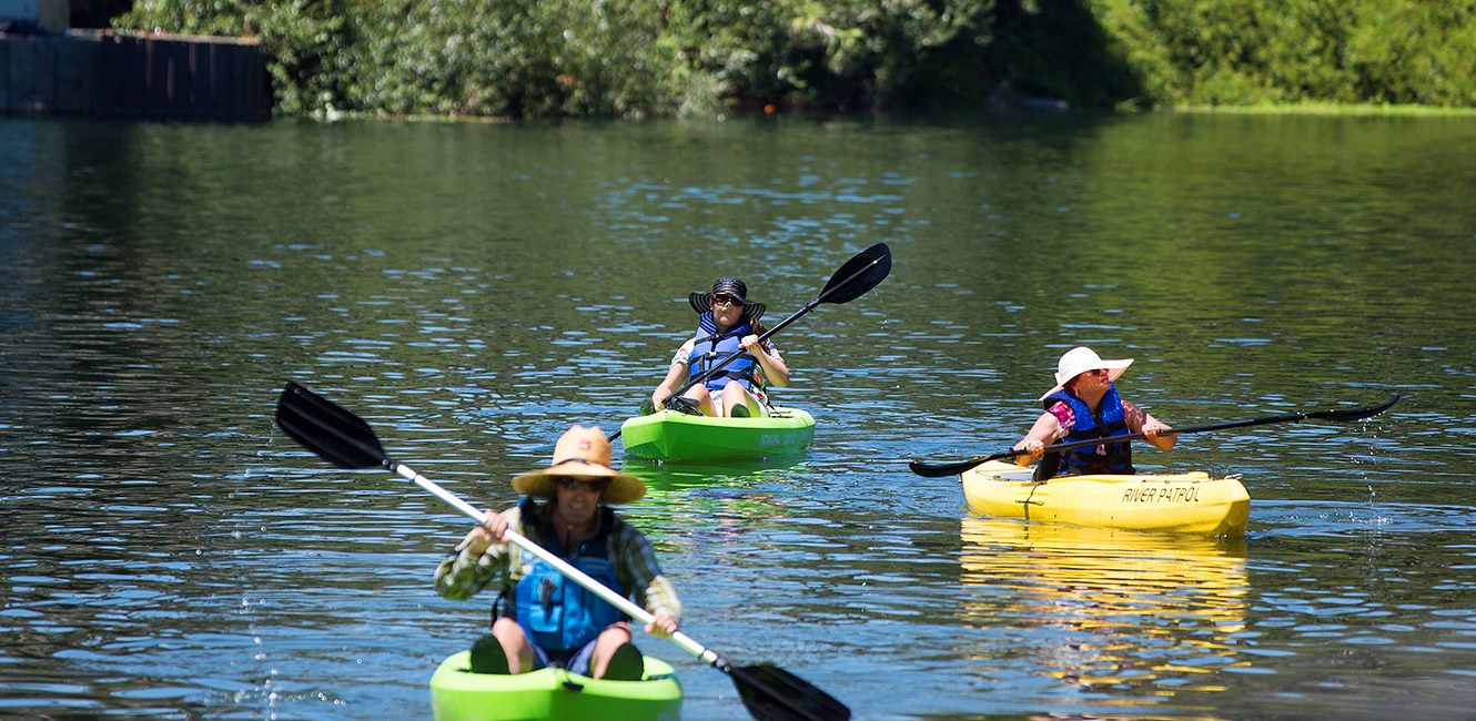 Kayakers on the Russian River at Healdsburg Memorial Beach