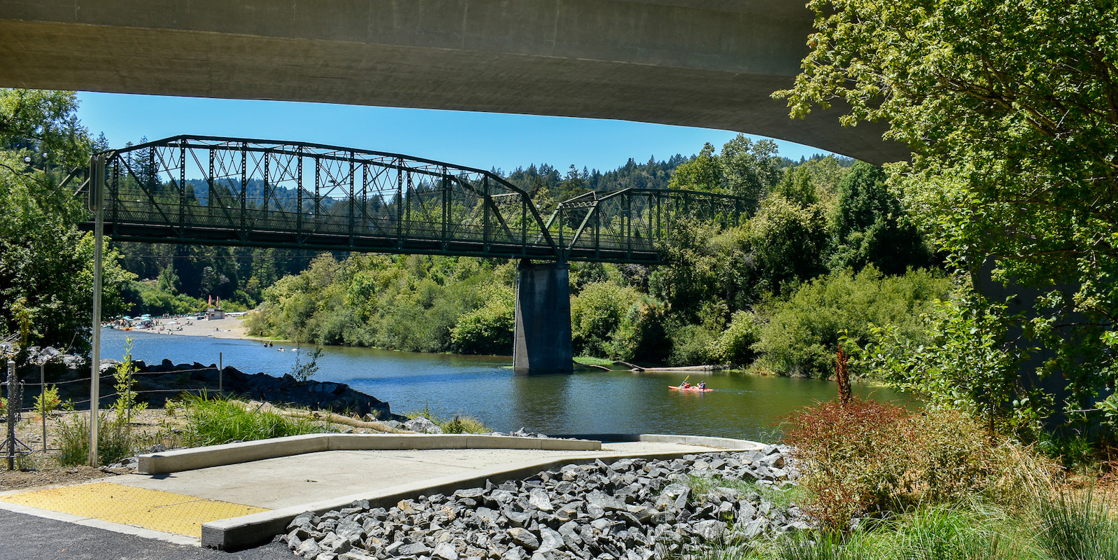 Guerneville River Park view of the boat launch and river